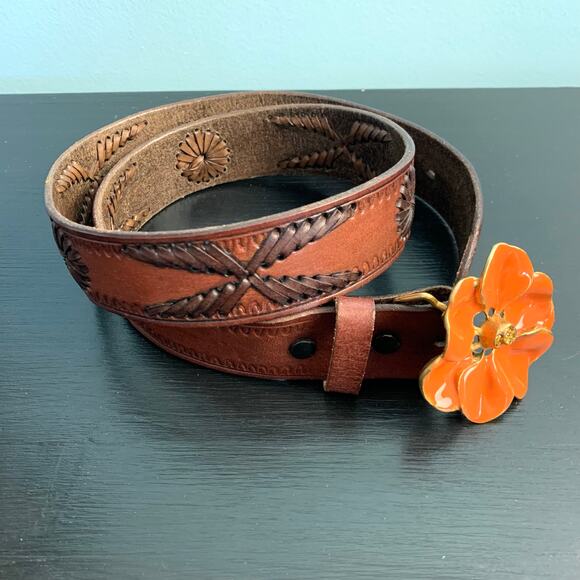 B-Low the Belt Brown Leather Belt with Orange Flower Buckle Size 32 main image 6